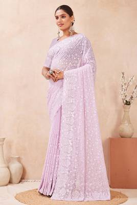 lavender georgette saree with zari resham sequin work 4