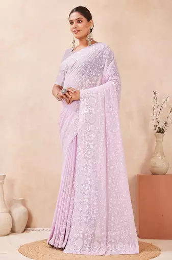lavender georgette saree with zari resham sequin work