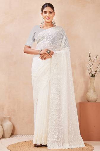 off white georgette saree with zari resham sequin work