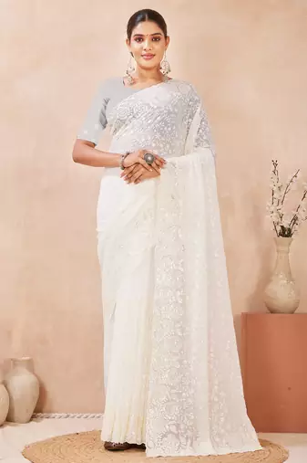 off white heavy zari resham sequin embroidered border work georgette saree for women