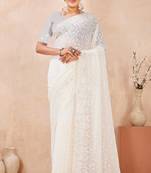 off white georgette saree with zari resham sequin work