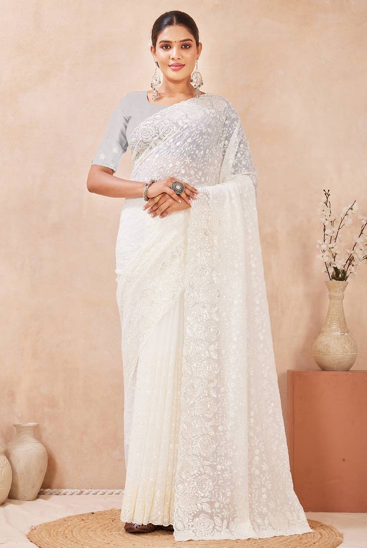 off white georgette saree with zari resham sequin work