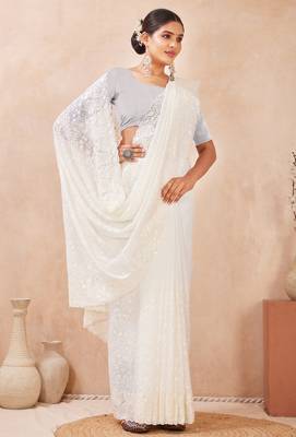 off white georgette saree with zari resham sequin work 2