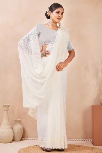 off white georgette saree with zari resham sequin work