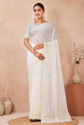off white georgette saree with zari resham sequin work 3