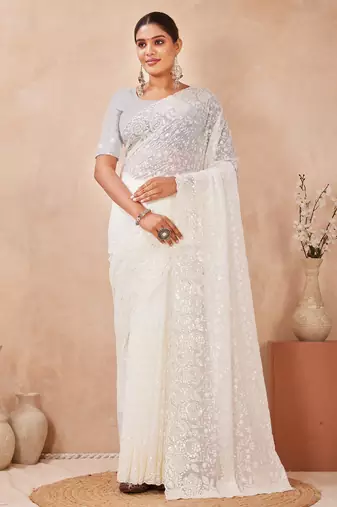 off white georgette saree with zari resham sequin work