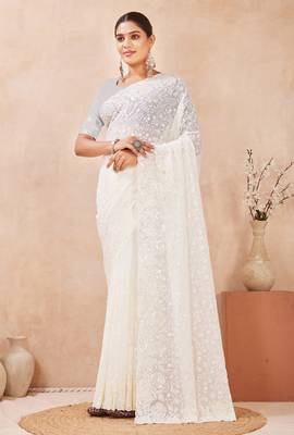 off white georgette saree with zari resham sequin work 4
