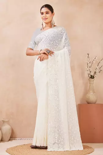 off white georgette saree with zari resham sequin work