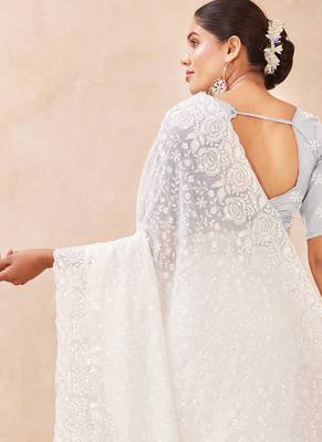off white georgette saree with zari resham sequin work 5