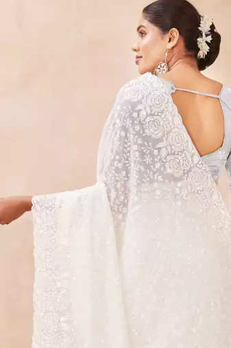 off white georgette saree with zari resham sequin work