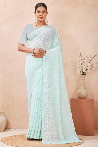 sea green georgette saree with zari resham sequin work