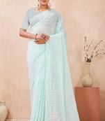 sea green georgette saree with zari resham sequin work