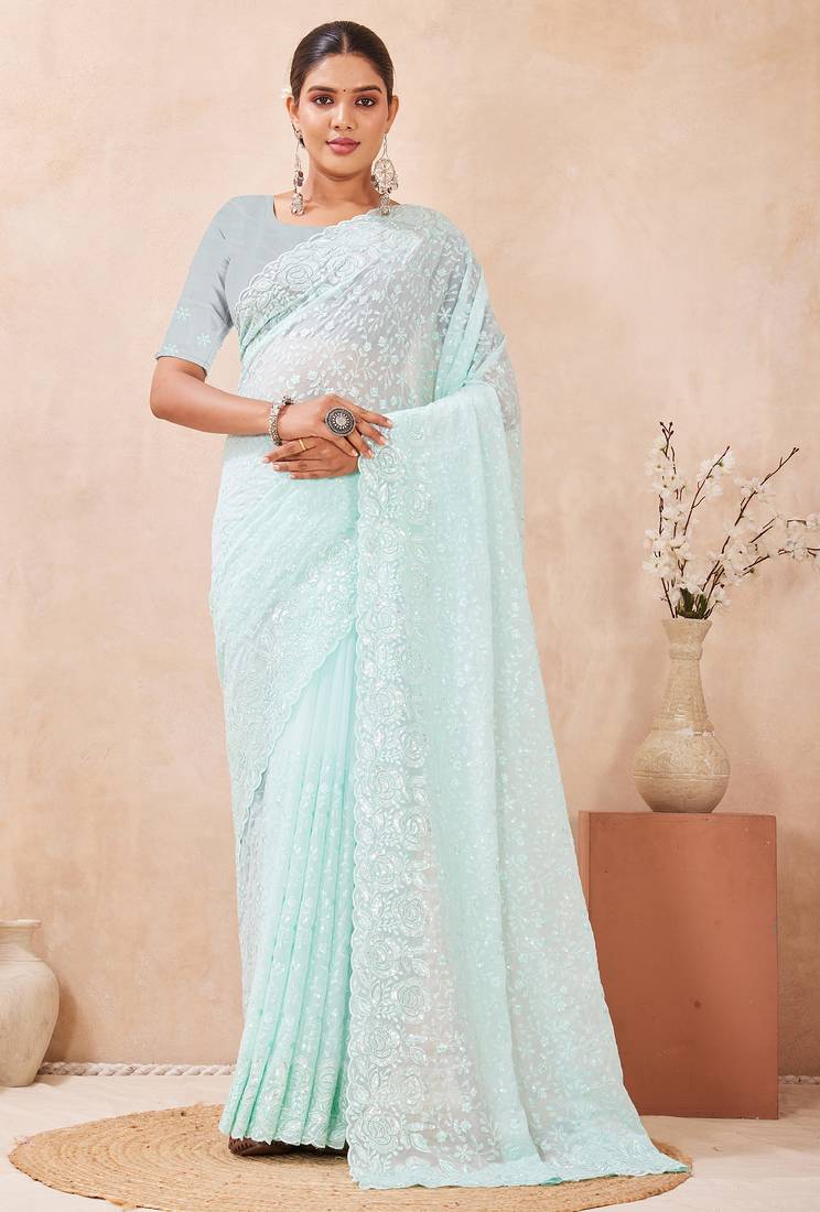 sea green georgette saree with zari resham sequin work