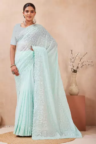 sea green georgette saree with zari resham sequin work