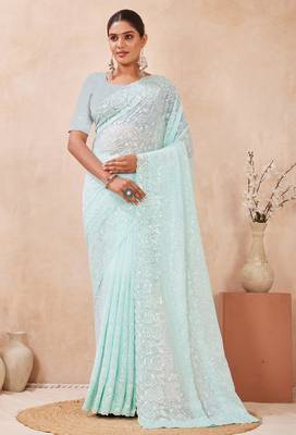 sea green georgette saree with zari resham sequin work 3