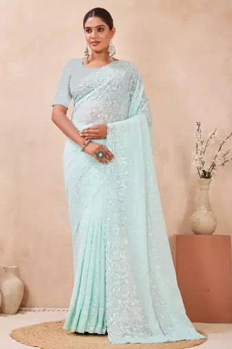 sea green georgette saree with zari resham sequin work
