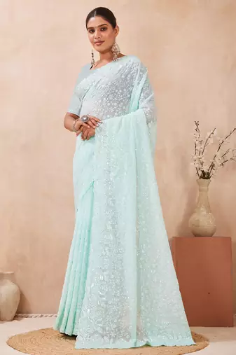 sea green georgette saree with zari resham sequin work