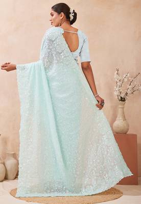 sea green georgette saree with zari resham sequin work 5