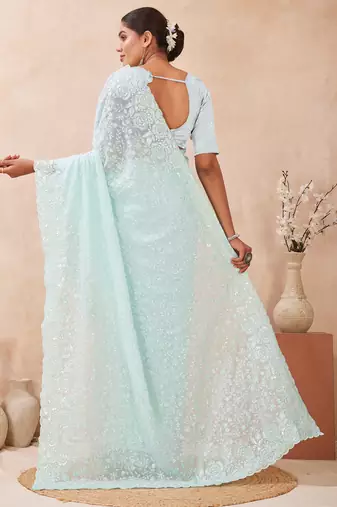 sea green georgette saree with zari resham sequin work