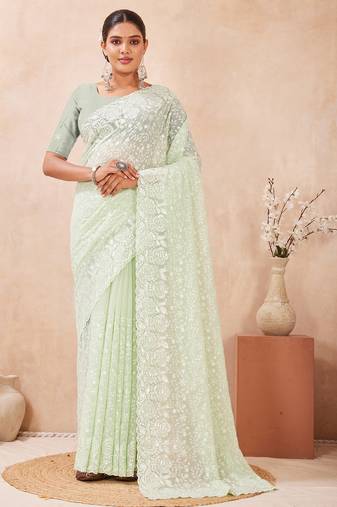 green georgette saree with zari resham sequin work