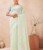 green georgette saree with zari resham sequin work