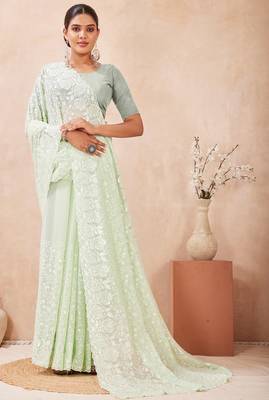 green georgette saree with zari resham sequin work 2