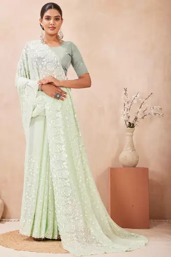green georgette saree with zari resham sequin work