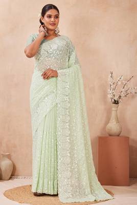 green georgette saree with zari resham sequin work 3