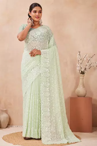 green georgette saree with zari resham sequin work