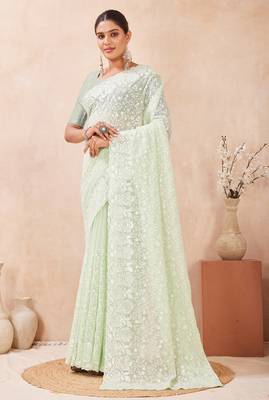 green georgette saree with zari resham sequin work 4