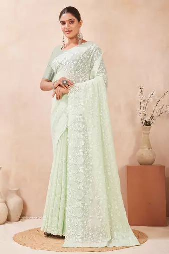 green georgette saree with zari resham sequin work