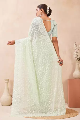 green georgette saree with zari resham sequin work