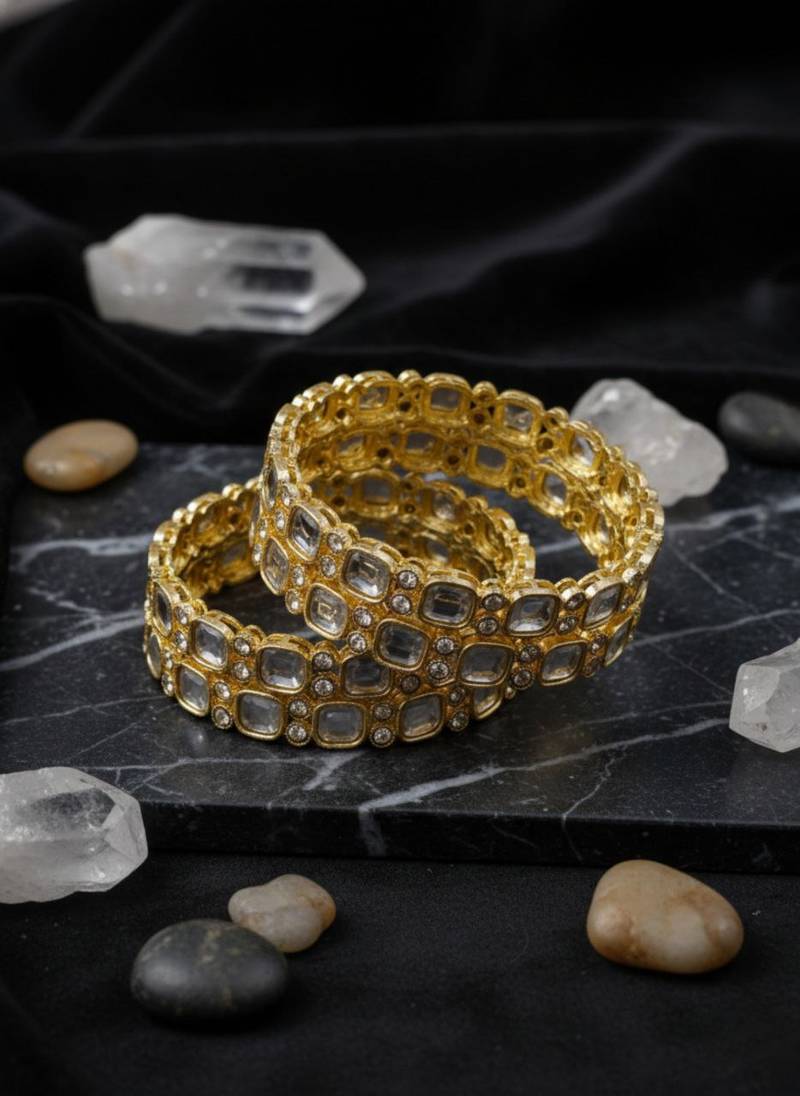Gold plated kundan polki work bangles set for women