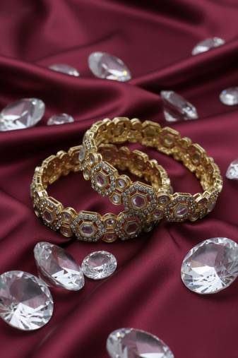 Gold plated kundan polki work bangles set for women