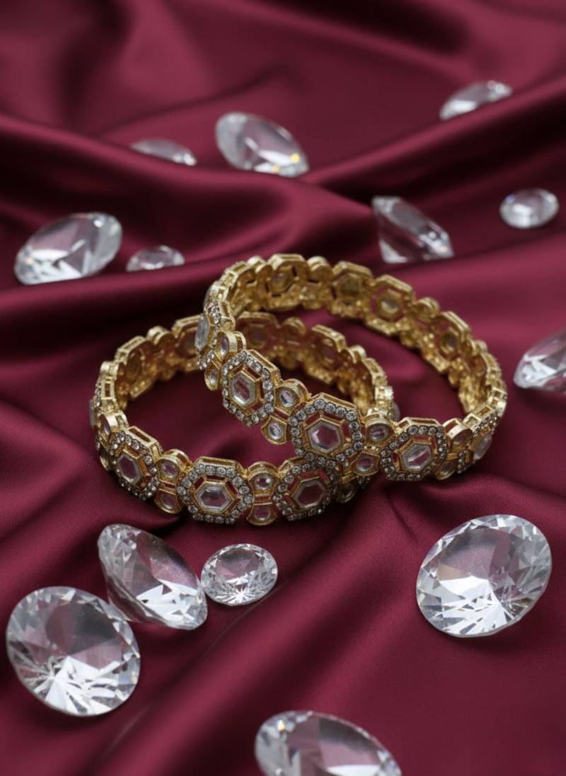 Gold plated kundan polki work bangles set for women