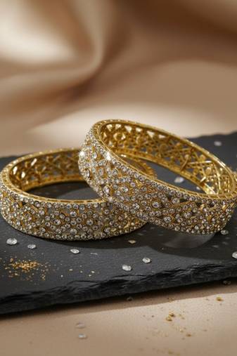 Luxury cz crystal embedded ethnic gold 2pcs bangles set