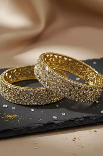 Luxury cz crystal embedded ethnic gold 2pcs bangles set