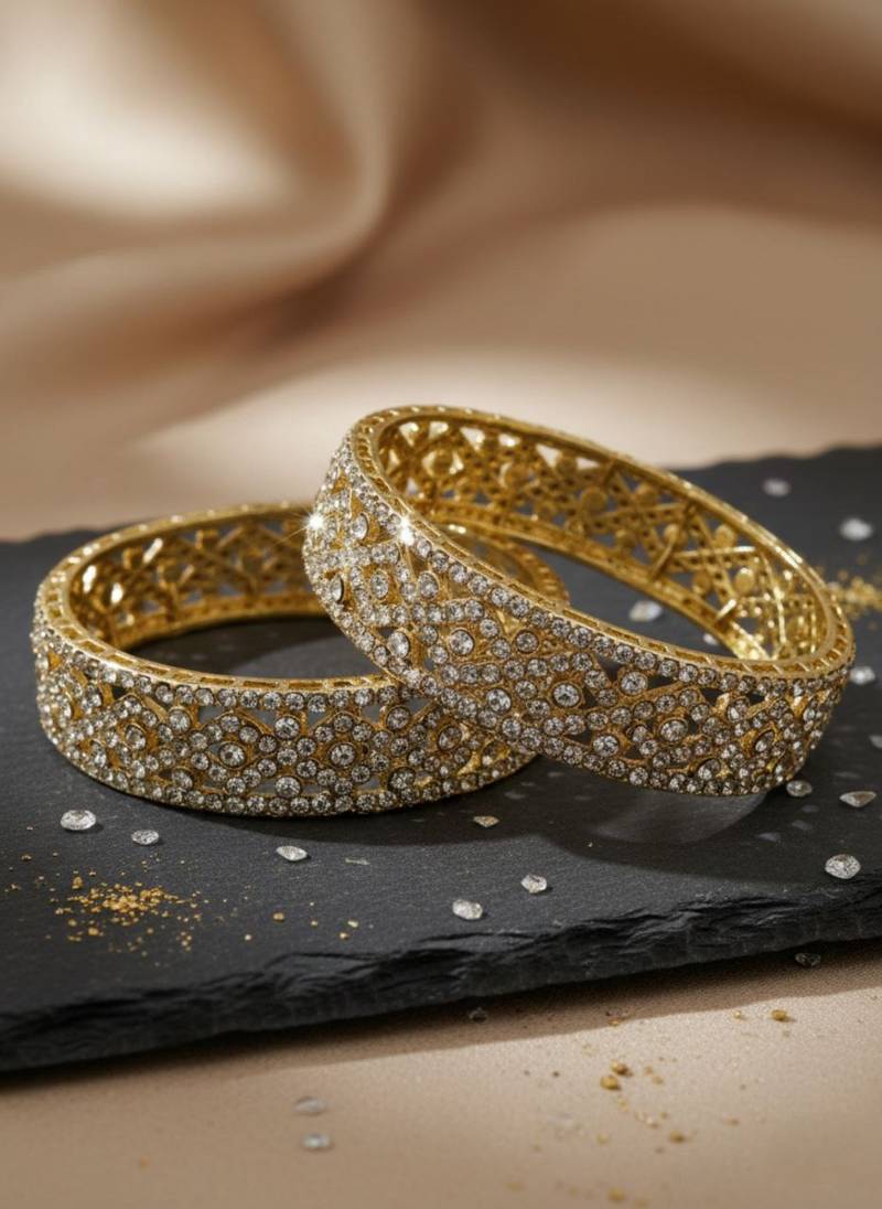 Luxury cz crystal embedded ethnic gold 2pcs bangles set