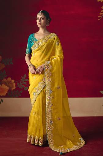 yellow silk blend saree with floral embroidery