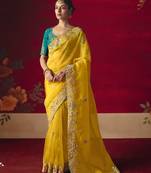 yellow fancy saree with sequins dhaga & thread embroidered butti and designer blouse