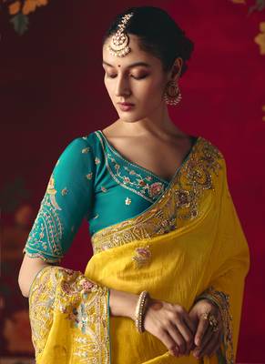 yellow silk blend saree with floral embroidery 3