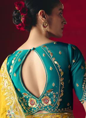 yellow silk blend saree with floral embroidery 4