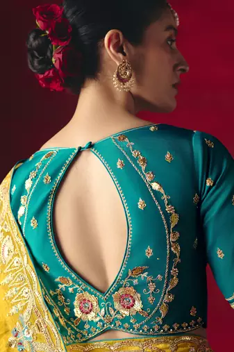 yellow silk blend saree with floral embroidery