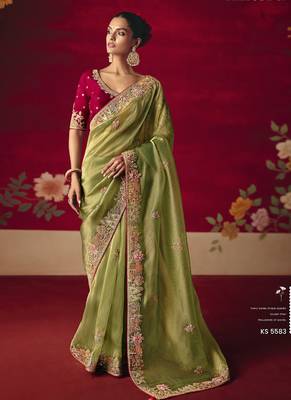 olive green silk blend saree with floral embroidery 1