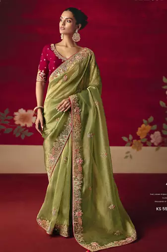 olive fancy saree with sequins dhaga & thread embroidered butti and designer blouse