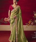 olive fancy saree with sequins dhaga & thread embroidered butti and designer blouse