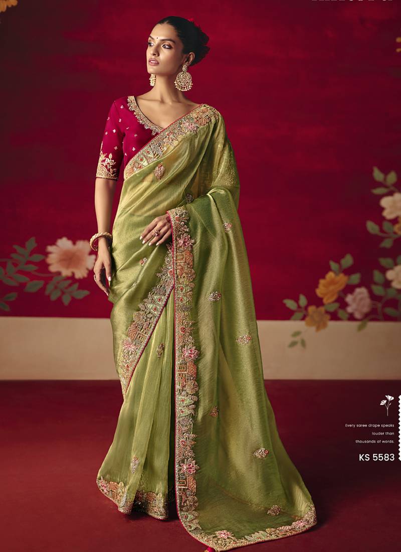 olive fancy saree with sequins dhaga & thread embroidered butti and designer blouse