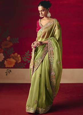 olive green silk blend saree with floral embroidery 2