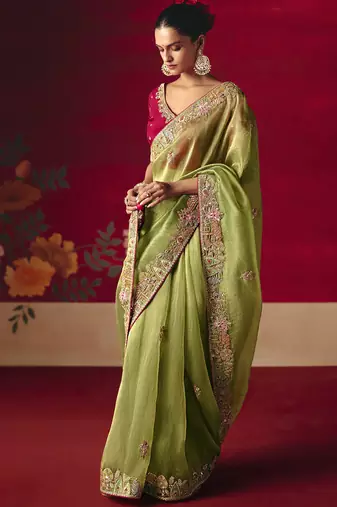 olive green silk blend saree with floral embroidery