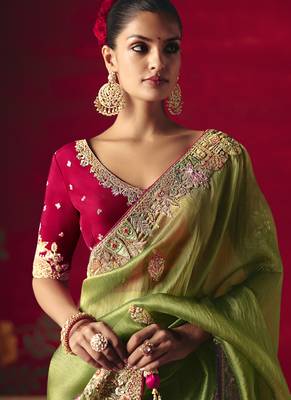 olive green silk blend saree with floral embroidery 3